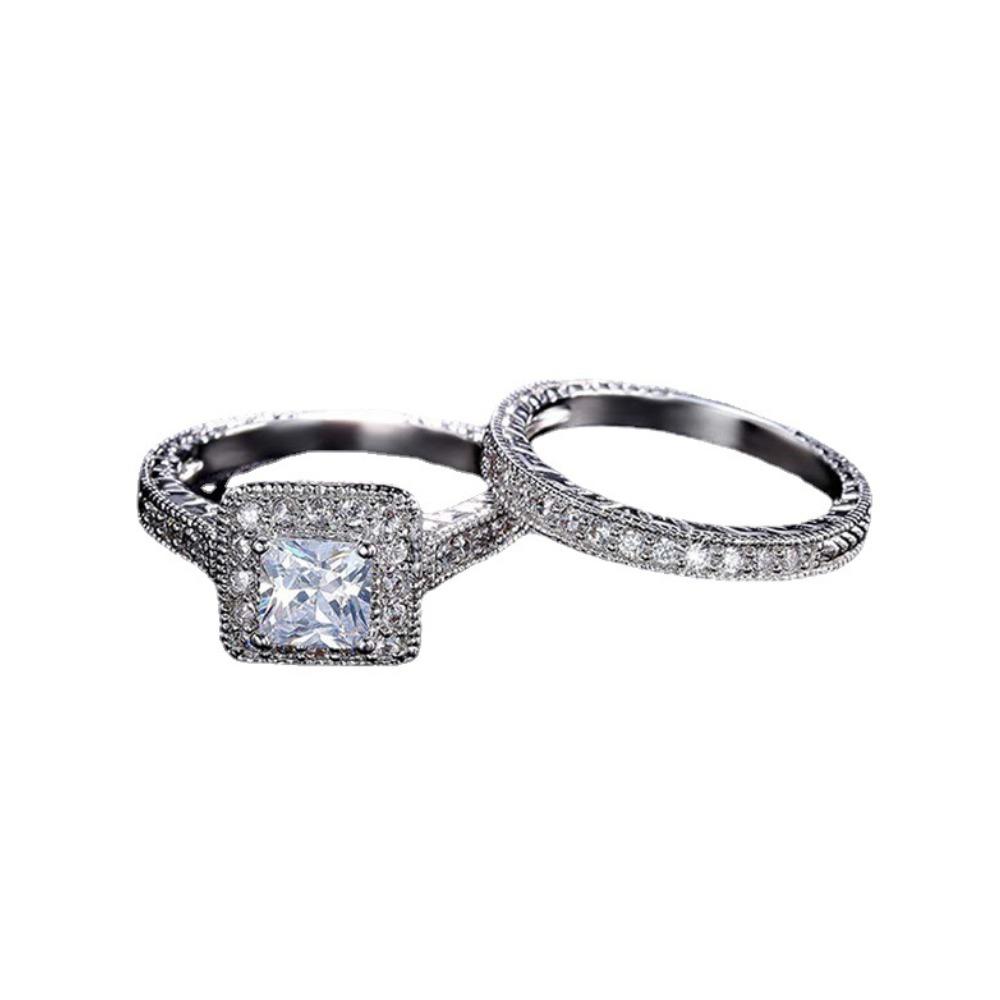 Luxury Silver Plated Square Diamond Ring Set for Couples Fashion Elegant Wedding Band