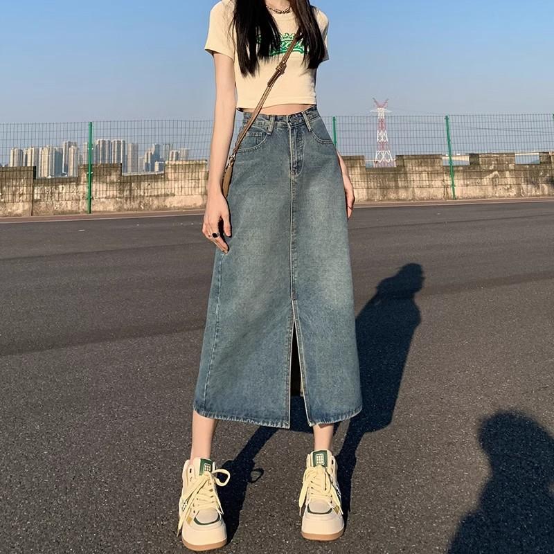 

Юбка джинсовая с разрезом с высокой талией для женщин Новая осенняя А-силуэта Юбка, закрывающая бедра Юбка для фигуры маленькая груша Длинная юбка XXL