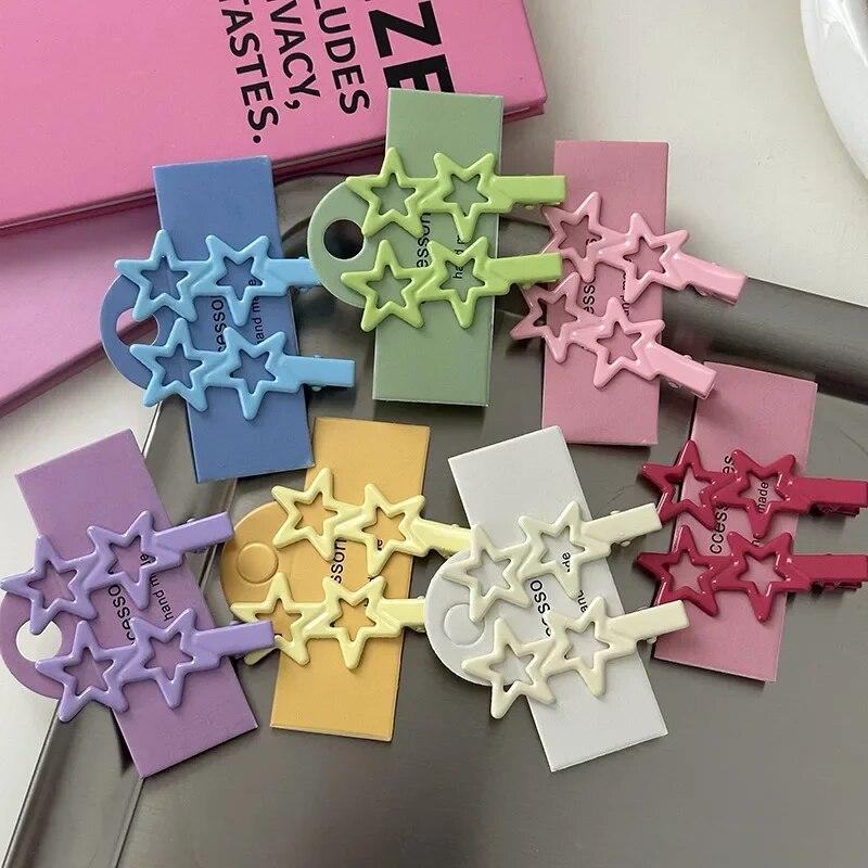 2pcs Sweet Cute Star Hair Side Clip Broken Hair Fixed Clip Bangs Clip Colorful Metal Pentagram Duckbill Clip Hair Accessories