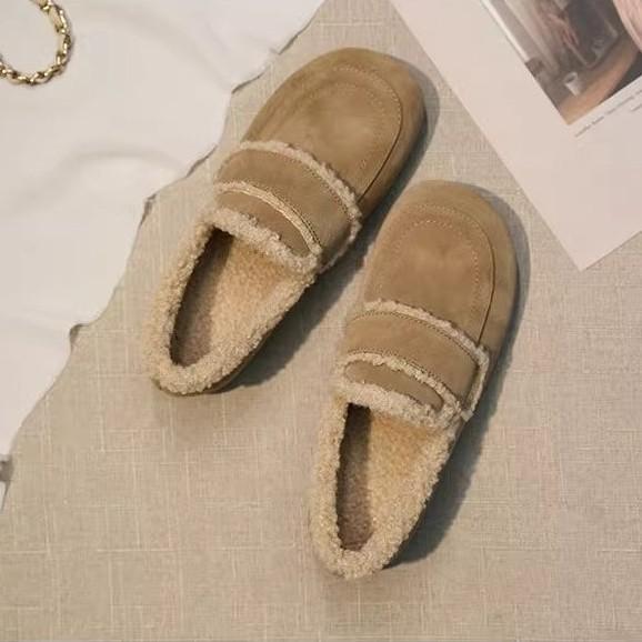 Bequeme Doudou-Schuhe mit flachem Absatz für Damen, weiche Leder-Ein-Pedal-Baumwoll-Einzelschuhe, vielseitige flachsohlige flauschige Schuhe, warme und samtige Slipper