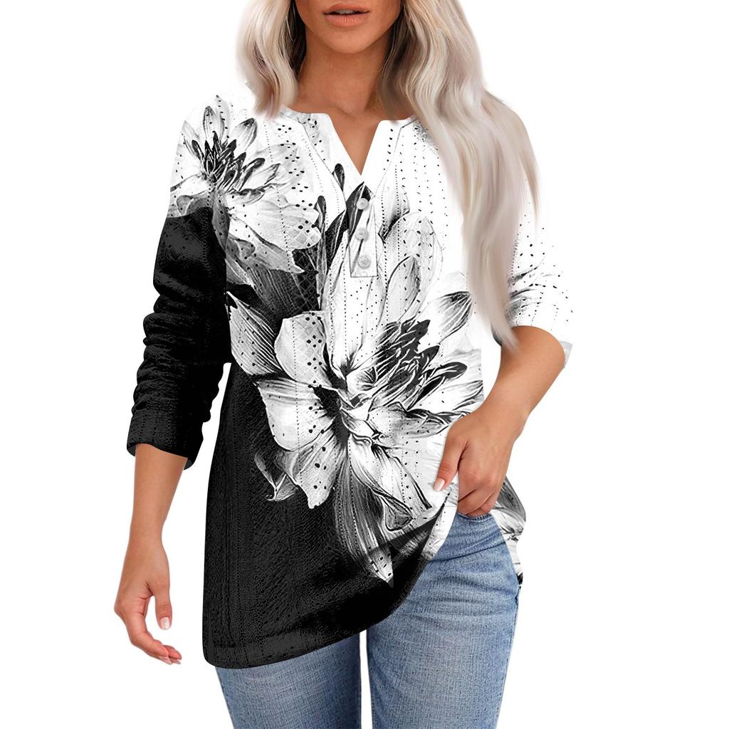 Women's T Shirt Tee Print Button 3/4 SleeveDaily Weekend Fashion Basic V- Neck Regular Top