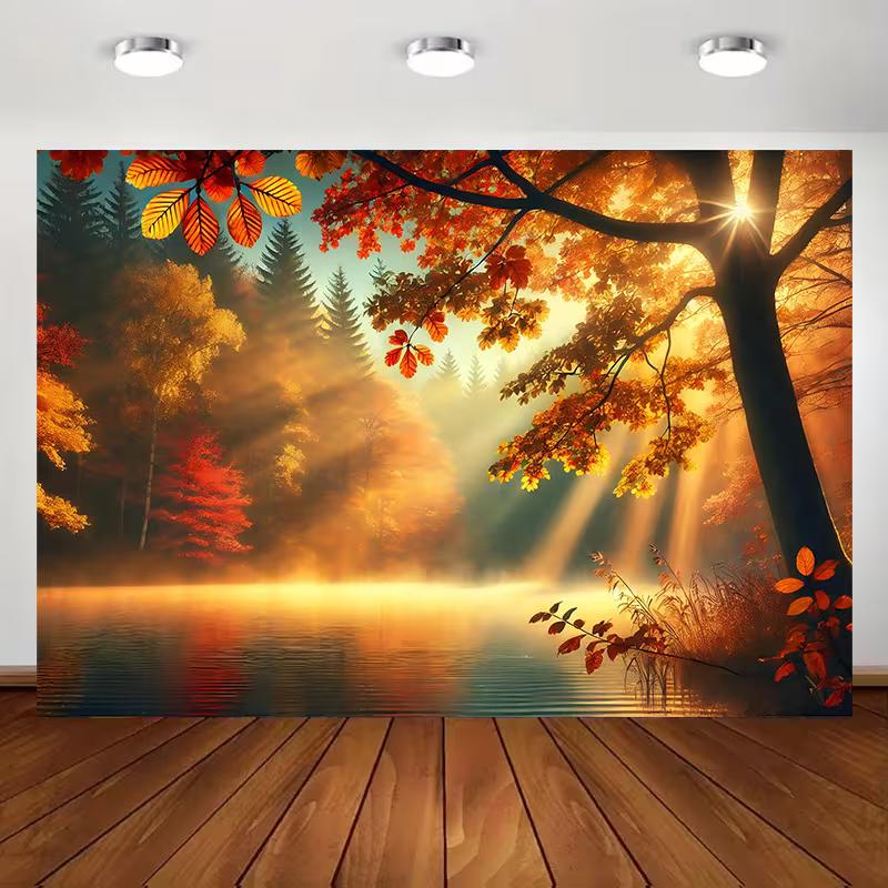 2D Enchanted Autumn Forest Lake Photography Background