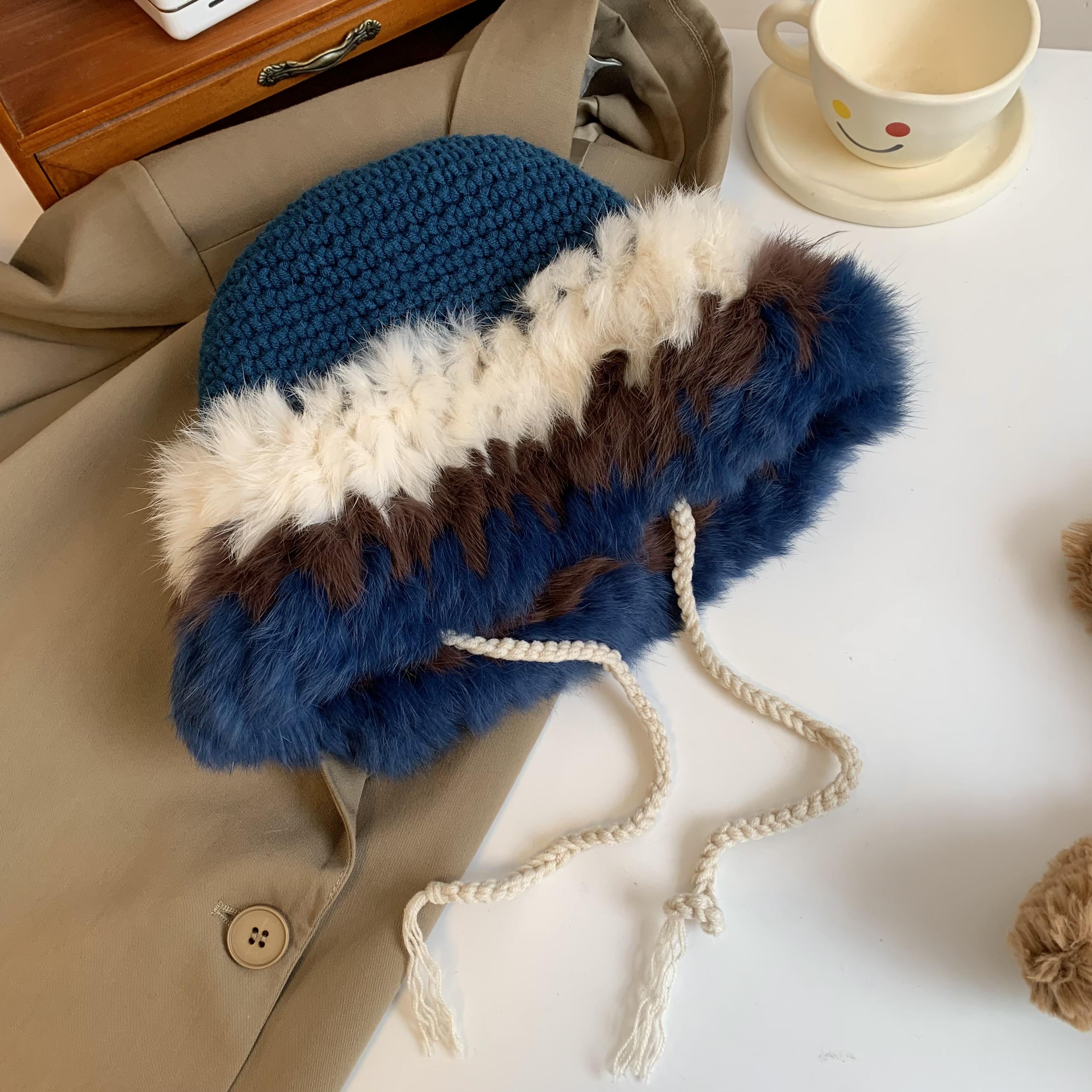 

Вязаная шапка из кроличьего меха женская осенне-зимняя теплая шерстяная шапка с нашивками, ветрозащитный чехол, плюшевая защита для ушей, шапка-мешок на голову adult (56-58cm) синий