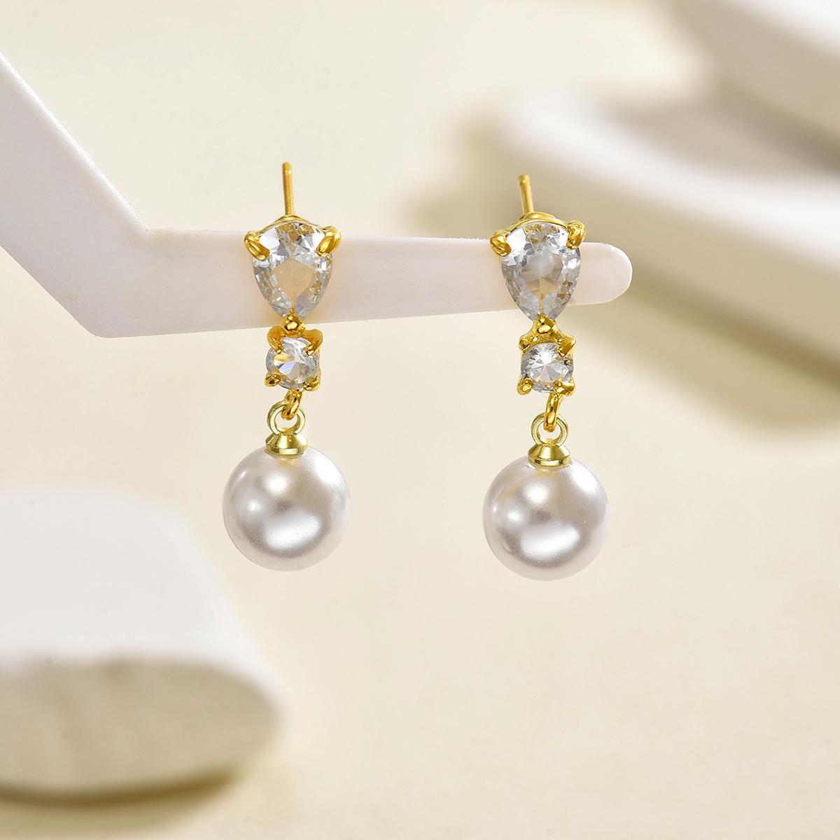 Elegant French Imitation Pearl Drop Earrings For Women Dainty Zircon Dangle Earrings Wedding Bridal Fashion Jewelry