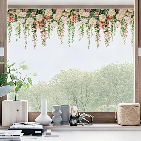 Window Sticker Rose Vine Design PVC Waterproof Wall Sticker No Glue Residue Versatile