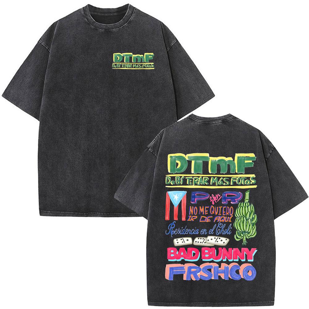 Washed Vintage Rapper Bad Bunny Tshirt Debi Tirar Mas Fotos DTMF World Tour T Shirts Men Women Fashion Hip Hop ONeck Tshirts
