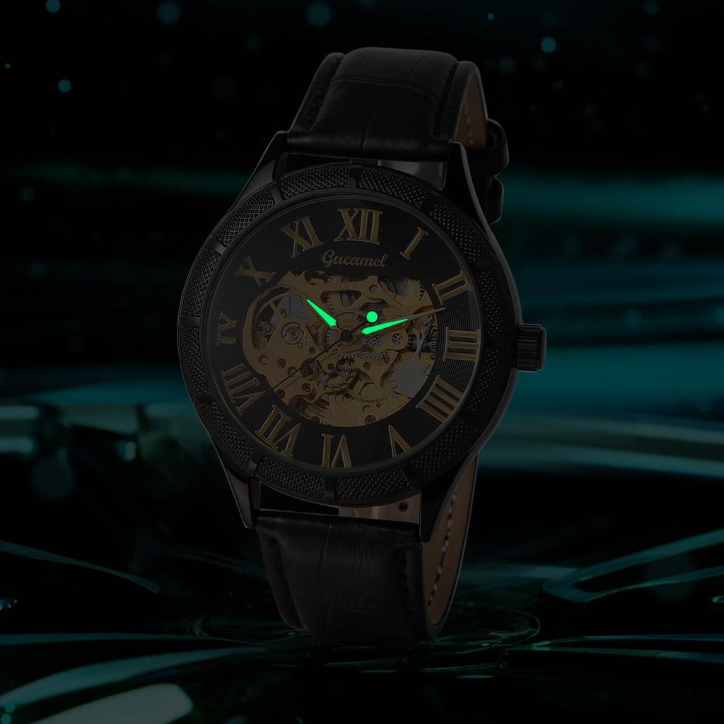 Relógio Automático Negócios Pulseira de Couro Masculino Aço Inoxidável Números Romanos Luminoso Estilo Engrenagem Formal Uso Diário À Prova d'Água Resistente à Chuva Presente