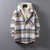 Autumn and Winter Woolen Plaid Thickened Fake Two-piece Casual Hooded Cotton Coat Loose Top for Men