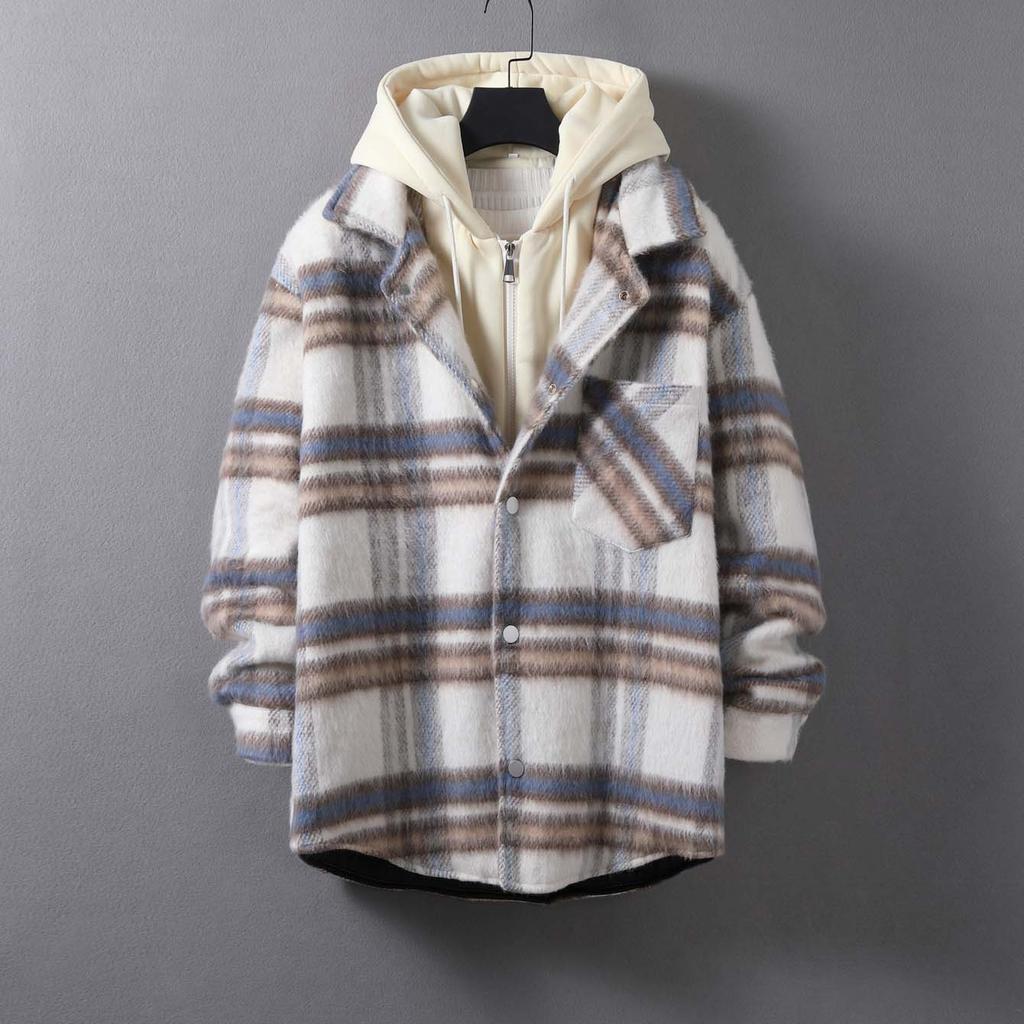 Autumn and Winter Woolen Plaid Thickened Fake Two-piece Casual Hooded Cotton Coat Loose Top for Men