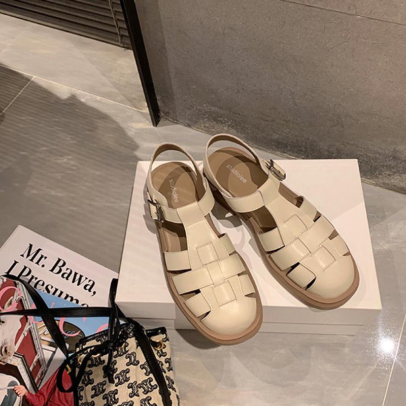 2025 Summer New Roman Sandals Retro Woven Bag Head Thick Heel Thick Sole Retro Flat Roman Sandals Women