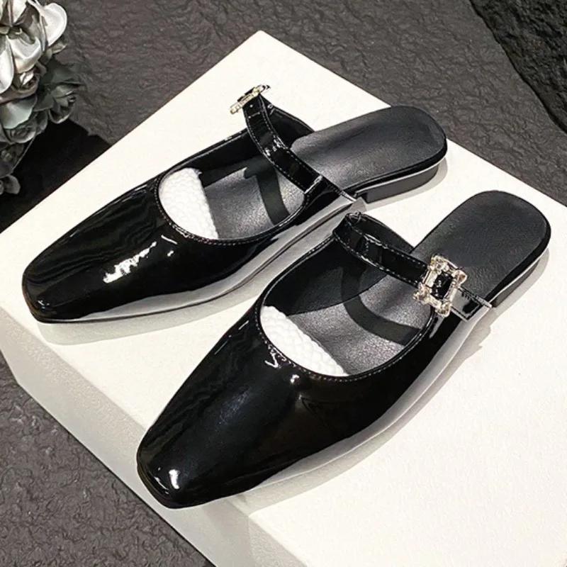Fashion Square Toe Slip on Comfortable Mules Shoes for Women Diamond Buckle Outdoor Fashion Elegant Shiny Fabric Casual Ladies Flats