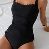 Qianmo 2025 Women's Off-Shoulder Tummy Control Ruffled Swimsuit - Black Two-Piece European & American Style.