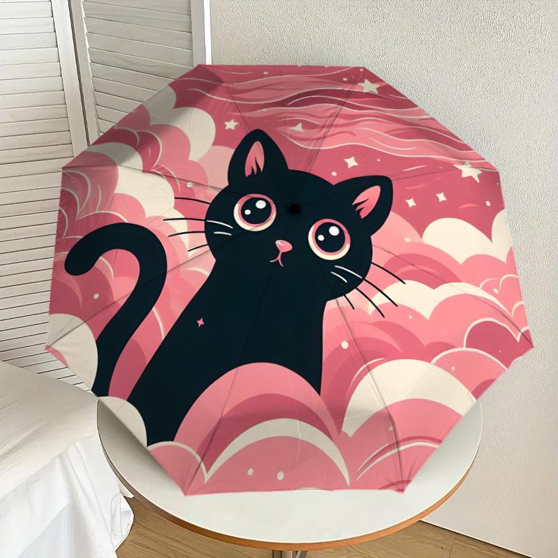 1pc Pink Clouds Black Cat Illustration Umbrella with Plastic Handle,Suitable for All Seasons Home Travel Outdoor UmbrellaDD1088
