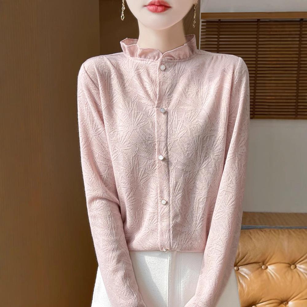 New French Lace Top, Feminine Black Ear Collar Knitted Sweater, Long-sleeved Base Layer, Semi-high Collar Inside