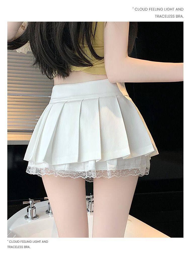 Sweet Pleated A-Line Mini Skirt with Lace Patchwork, High-Waisted and Anti-Exposure, 2025 Summer Collection