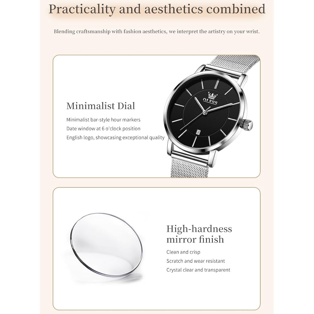 OLEVS Women's Minimalist Casual Watch Leather Band Waterproof Slim Analog Quartz with Date Calendar Silver Black Mesh Strap
