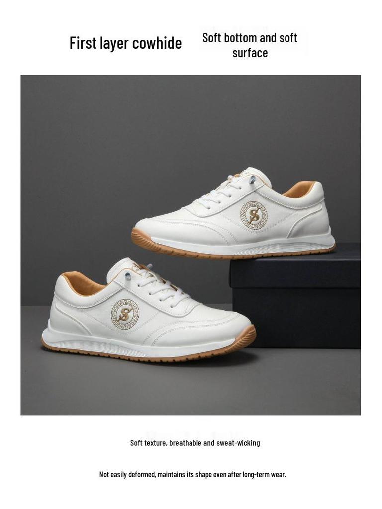 European Men's Genuine Cowhide Leather Casual White Sneakers - Breathable, Non-slip, Outdoor Fitness Shoes