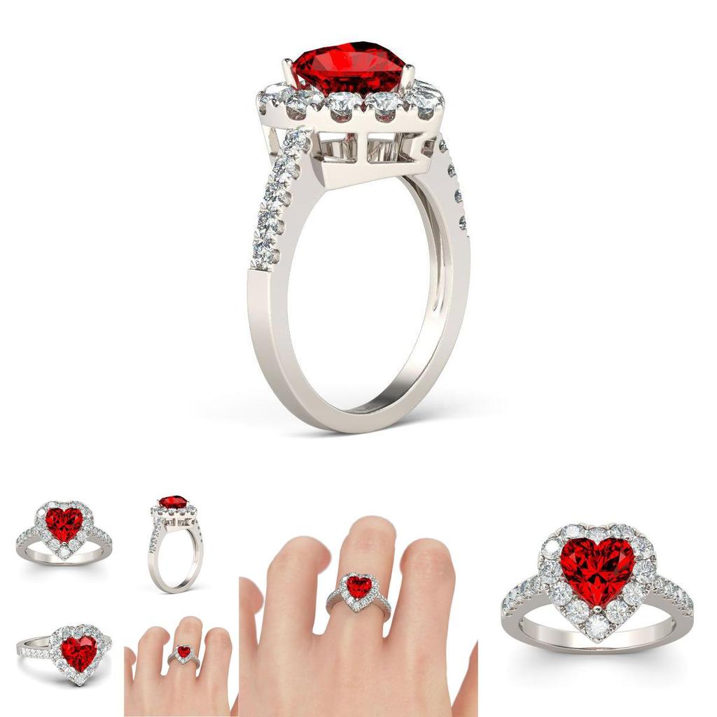 Bague en laiton plaqué argent de style antique avec pierre précieuse strass rubis rouge amour