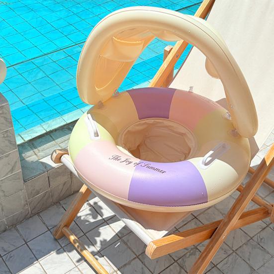 Baby Pool Float with Canopy Vintage Striped Inflatable Swim Ring with Safety Seat