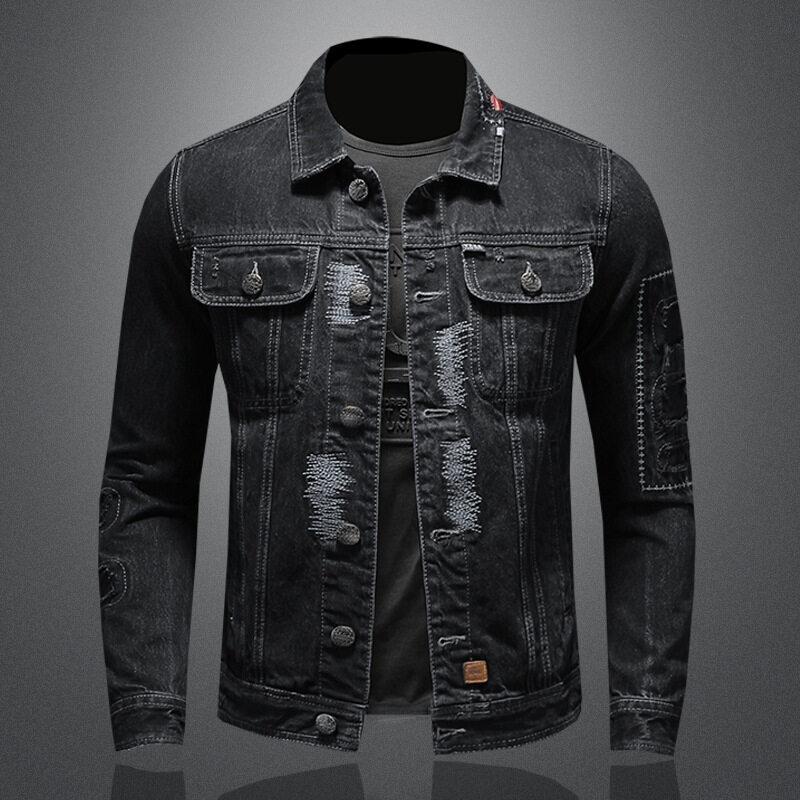 

Men s Wear 2026+Heavy Industry Hole Patch Men s Denim Jacket Top Black Coat M чёрный