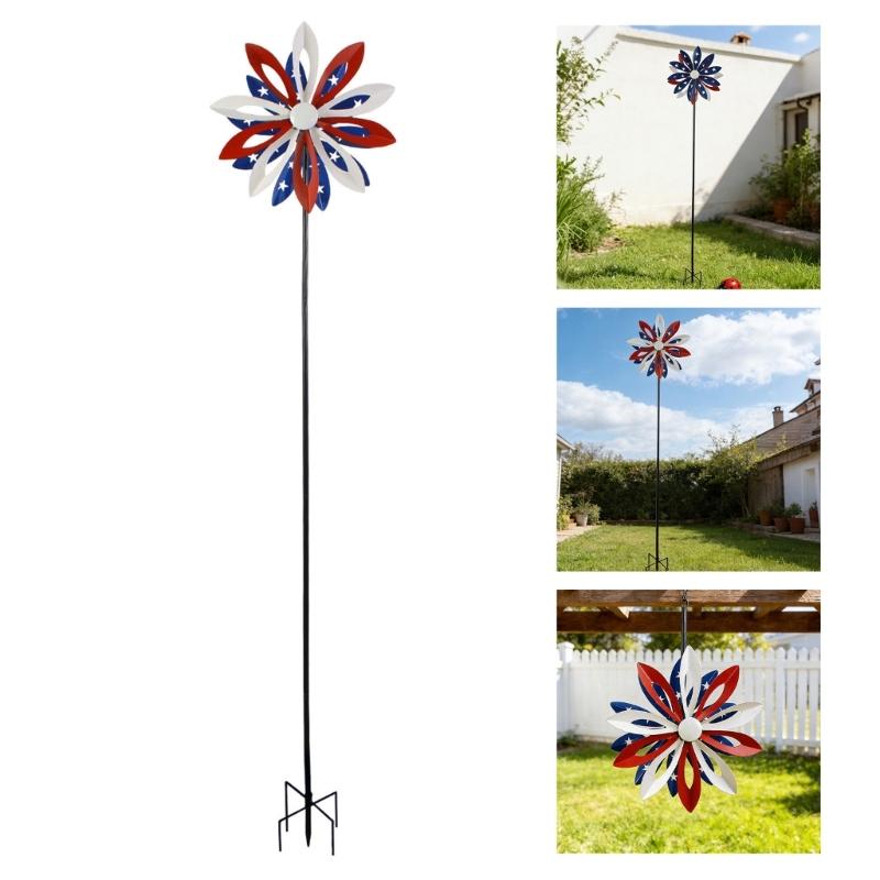 Metal Windmill Feature With Bright Red And Dark Blue Blades Great For Garden Landscape Lawn Yard And Deck Enhancement