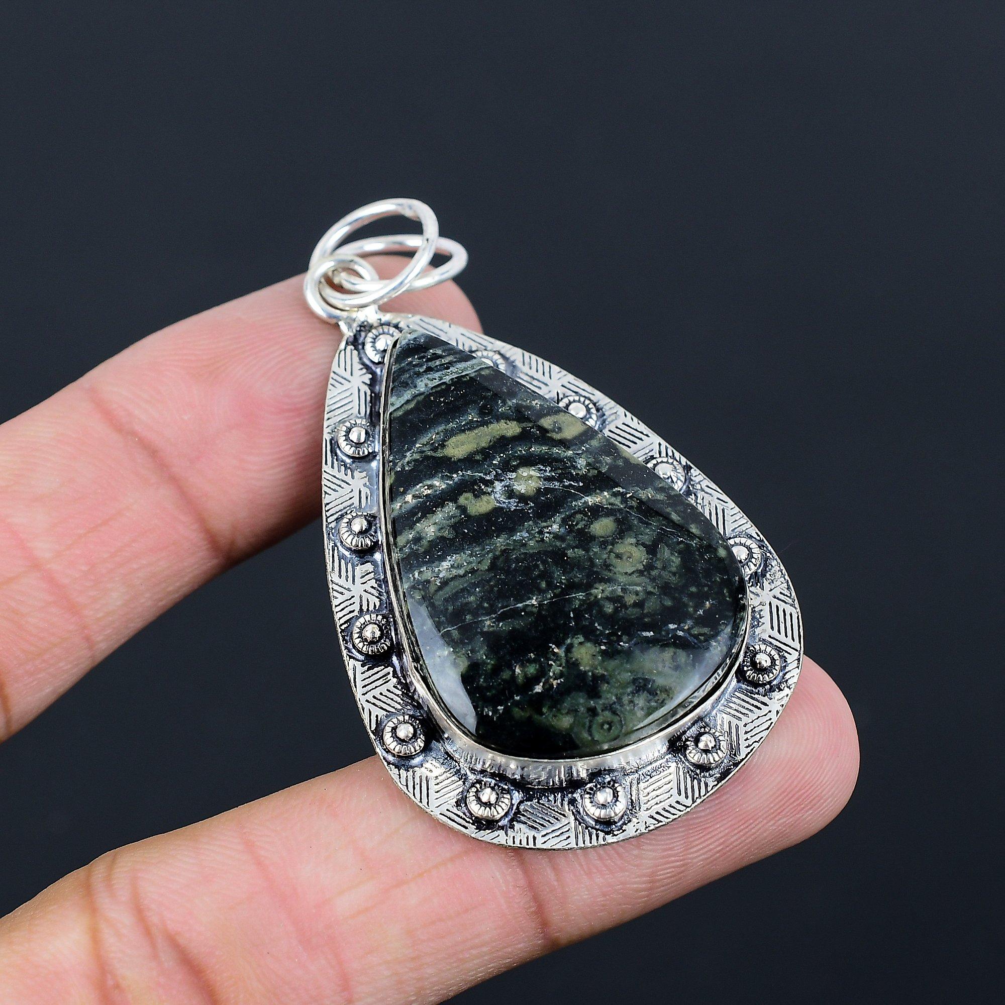 Sterling Silver Pear Kambaba Jasper Gemstone Bezel Engagement Pendant Jewelry