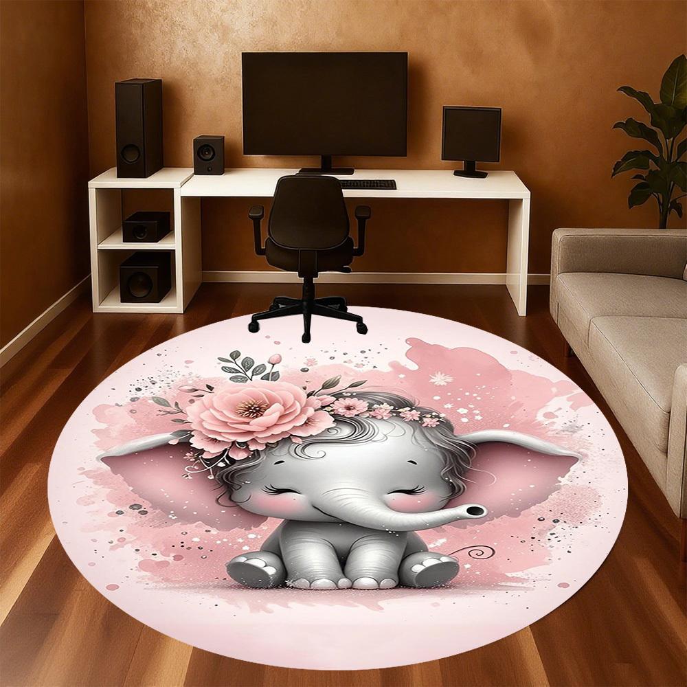 1PC Elephant Flowers Pink Round Chair Mat Area Rug - Non-Slip, Floor Mat for Office, Bedroom, Home Decor Christmas Gift C0528092