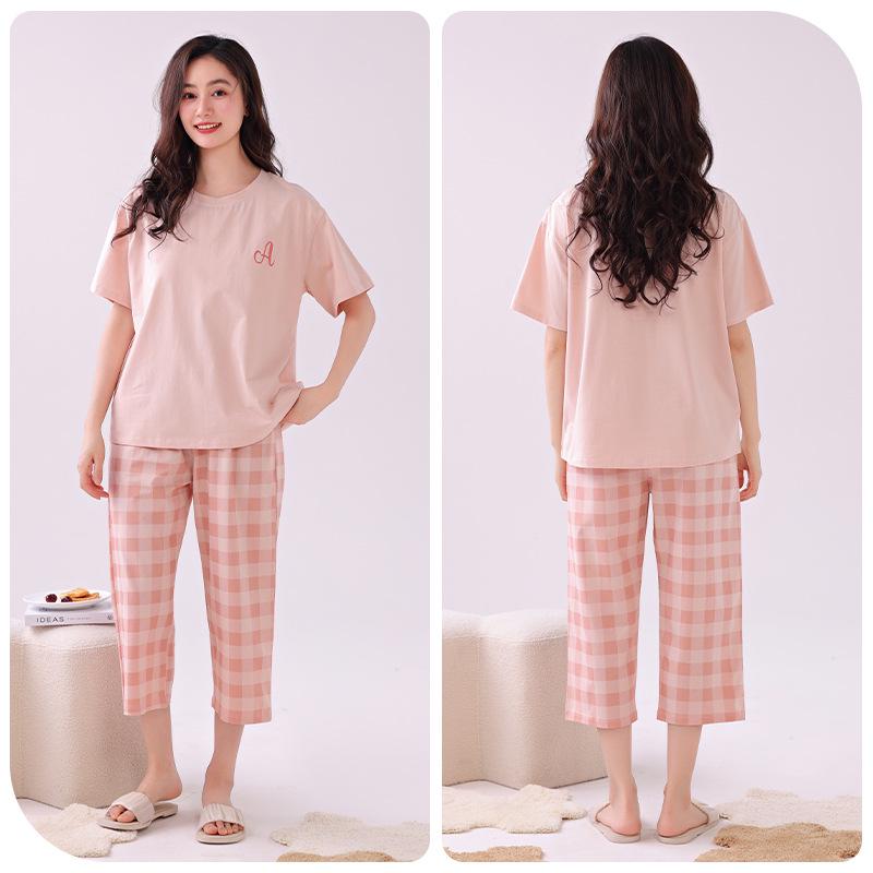 Women's Summer Cotton Pajama Set: Short Sleeve Top & Three-Quarter Pants, Thin & Plus Size