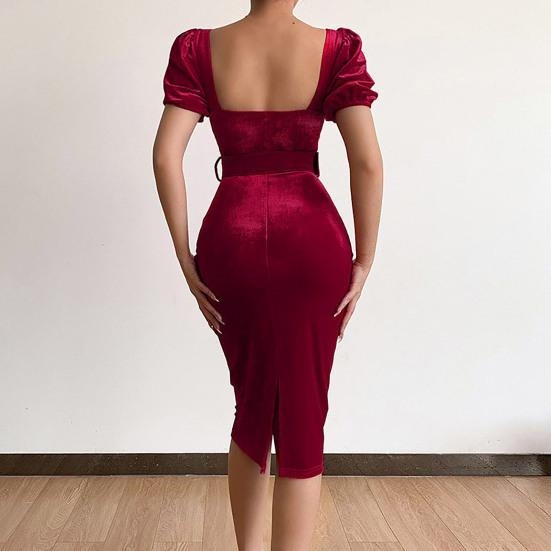 Square Neck Belt Waist Tight Party Dress Solid Color Puff Short Sleeve Holiday Dress Female Clothes