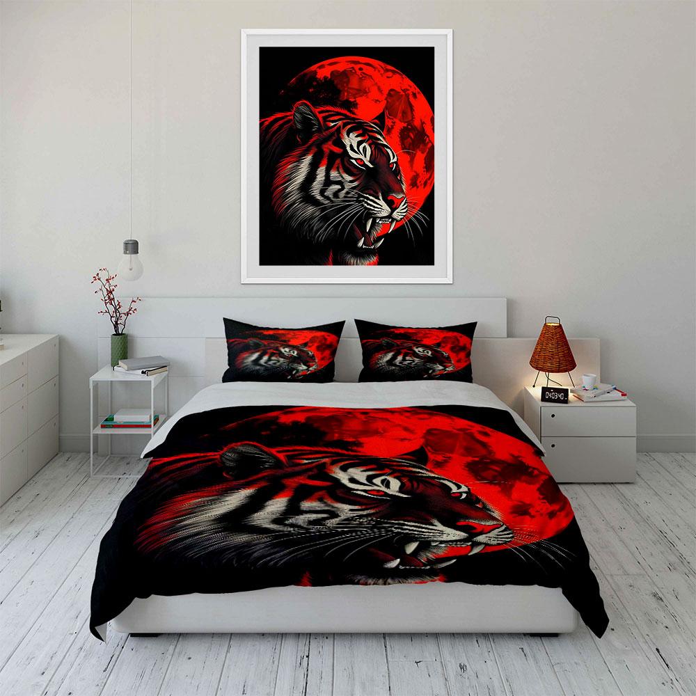 Fierce Tiger Red Moon Decor Soft Comfortable Duvet Cover Bedding Set Included 1*Duvet Cover & 2*Pillowcases, Gift
