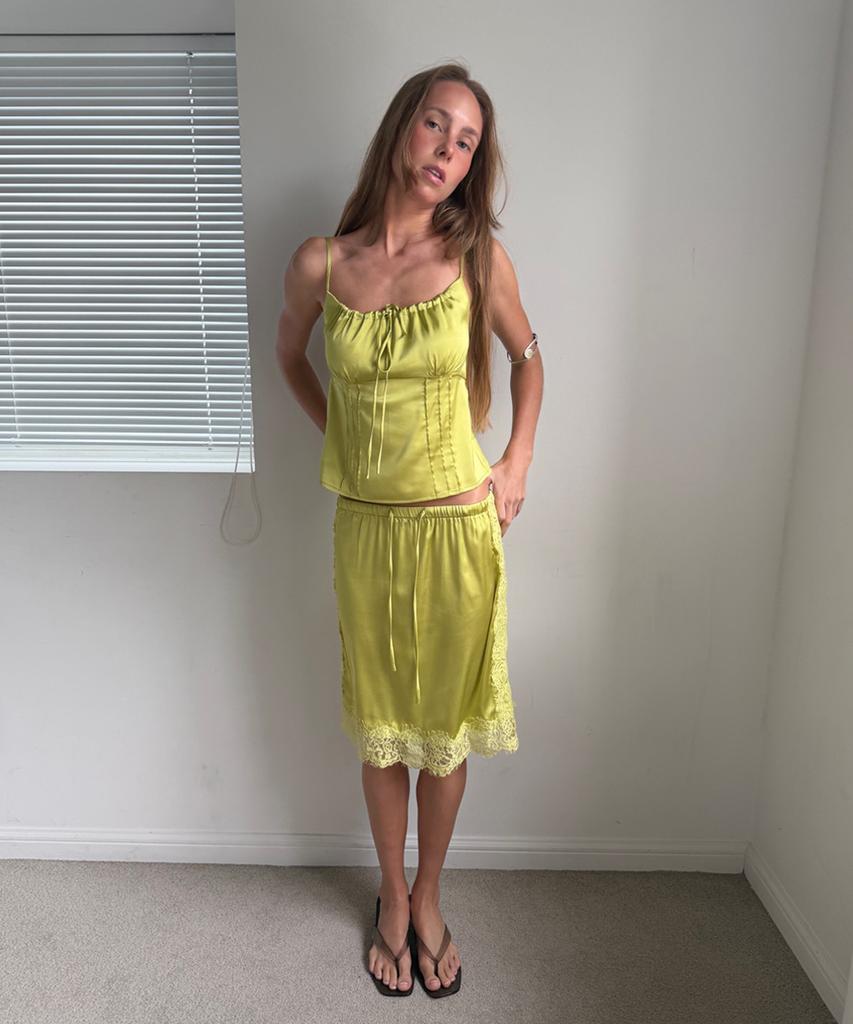 Asula Silk Touch Lace Midi Skirt (Green)