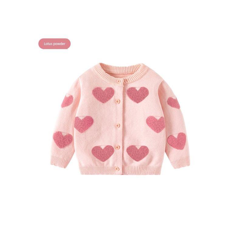 Spring and Autumn Kids Heart Combed Cotton Long Sleeves Sweater Girl Fleece-lined Cardigan Top Baby Girl Knitwear Outwear