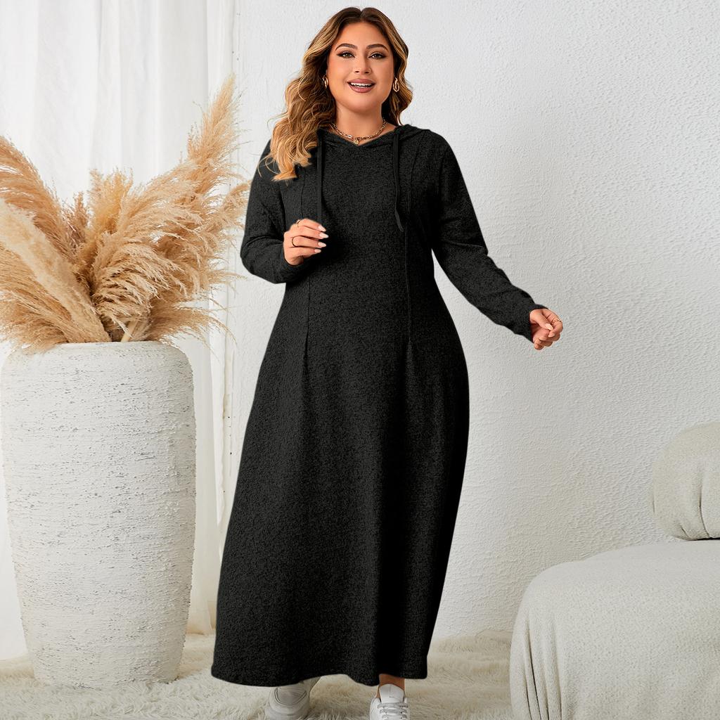 Large Size Women's Clothing Fat Sister Hooded Casual Dress Autumn New Waist A-shaped Dress