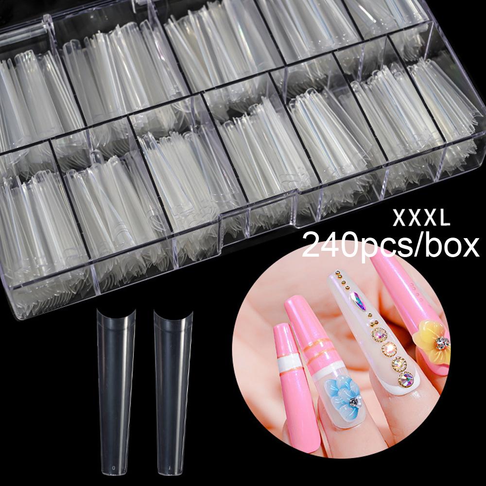 240pcs 3XL No C Curve Long Coffin Nail Tips Half Cover Clear Extra Long Straight French False Nail Manicure Salon Tool Supply
