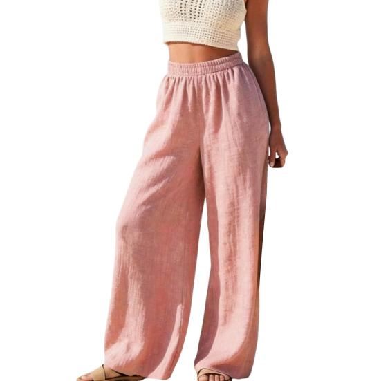 

Women Trousers Elastic High Waist Straight Wide Leg Long Pants Pure Color Loose Fit Summer Casual Trousers Daily Wear S рожевий