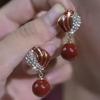 High-End Geometric Pearl & Rhinestone Red Glaze Earrings for Women