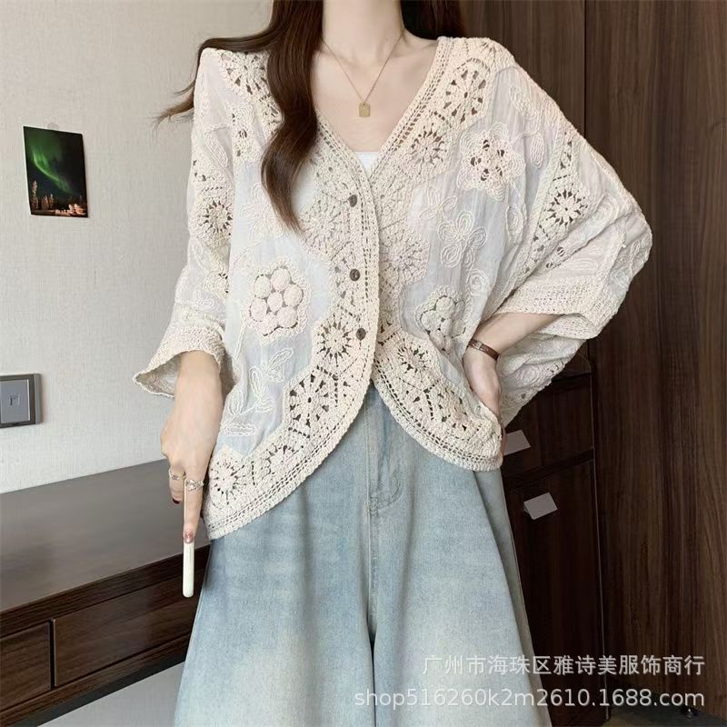 Fashion loose and thin hollow crochet knitted sweater women's new foreign style unique chic cardigan long-sleeved top