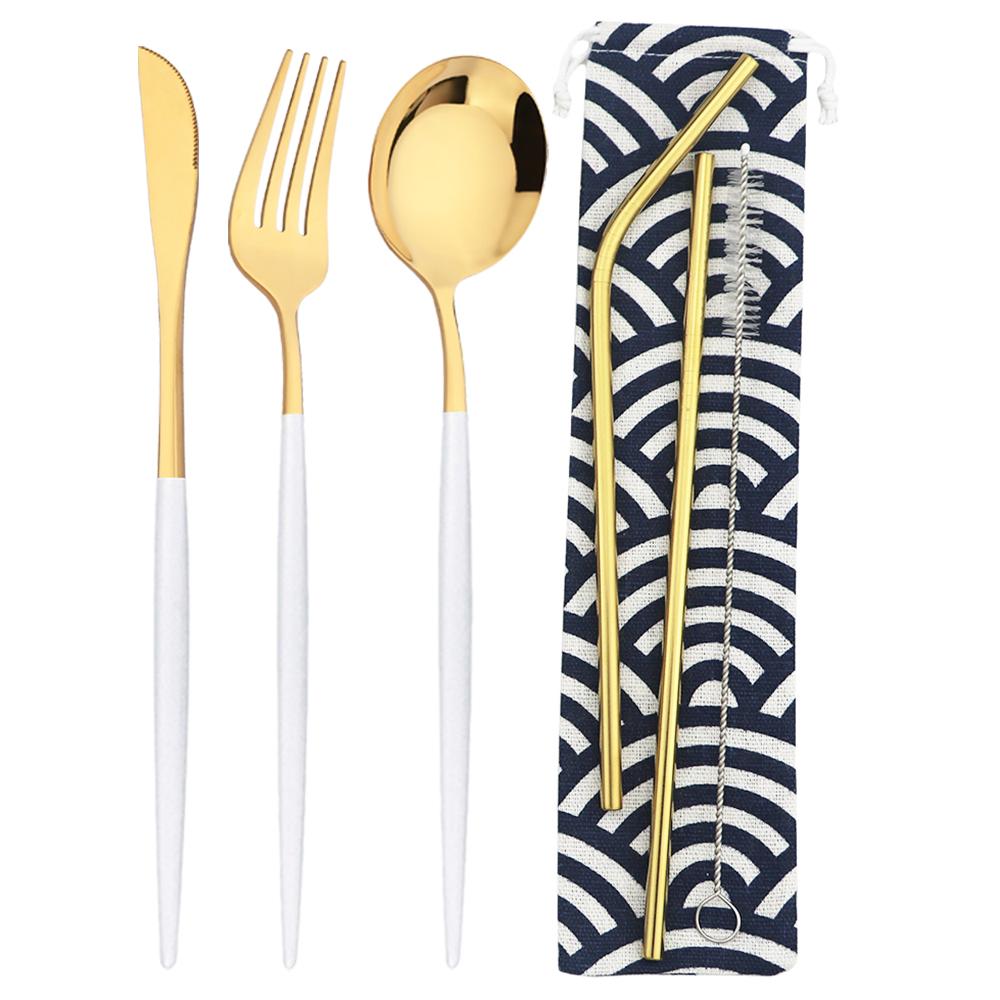 6Pcs Travel Camping Cutlery Set Travel Flatware Set Knife Fork Spoon Straw With Portable Bag Stainless Steel Tableware Set