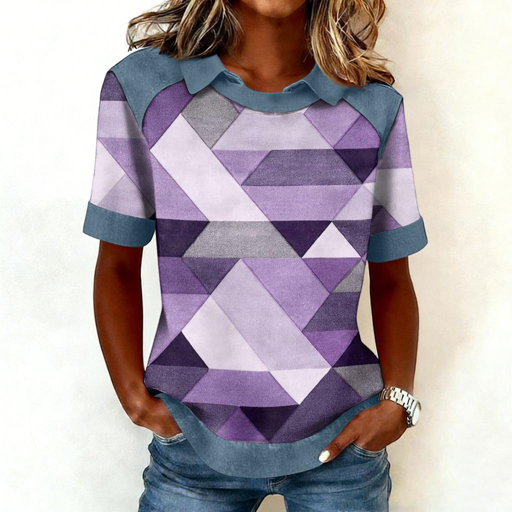 Women's Fashion Collar Cowboy Splicing Sweatshirt Casual Printed Hoodie Short Sleeve Shirt Top