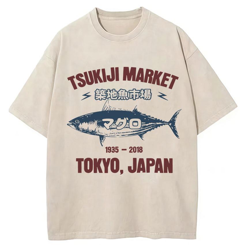 Funny Fish Japanese Tsukiji Market Vintage Washed T Shirts Unisex Women Summer Fashion Cotton Short Sleeve Tshirt Streetwear
