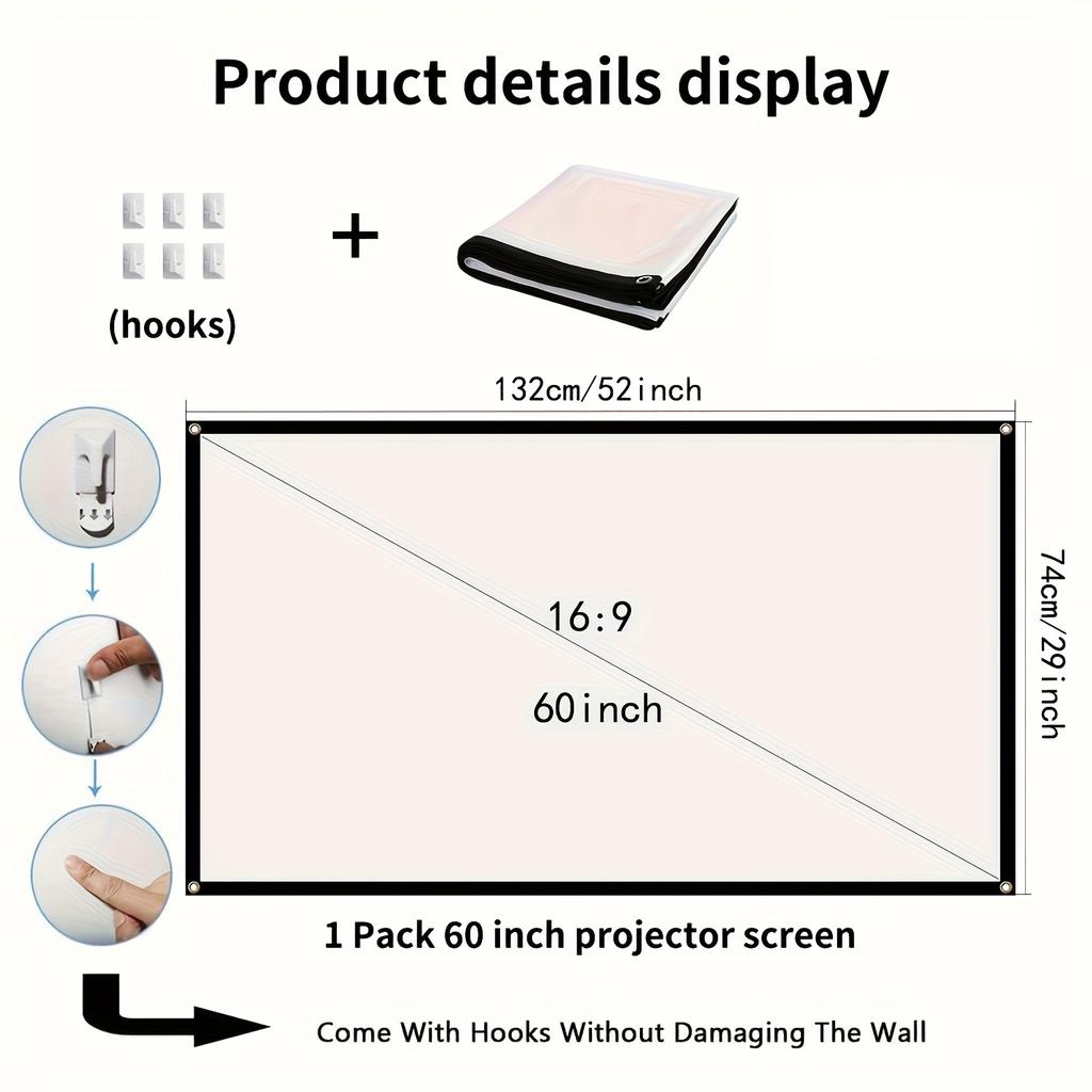 60-150 Inch Foldable Projection Screen Portable Polyester Display Fabric for Outdoor Movies Home Theater Office Meetings