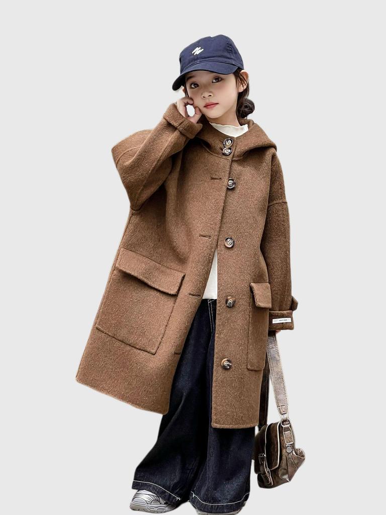 Korean Style Girls' Double-Sided Cashmere Coat - Medium & Large Children's Mid-Length Outerwear for Autumn & Winter
