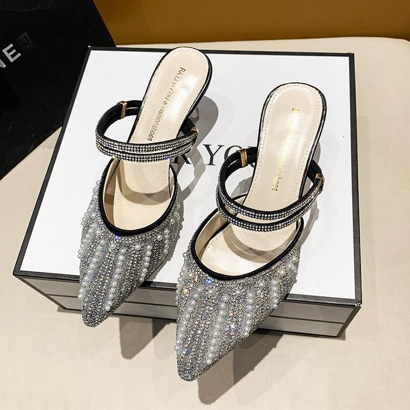 Baotou cool slippers women's rhinestone pearl slippers summer new two wear fashionable versatile high heels stiletto women