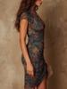 2026 V-Ausschnitt Bodycon Stretch Retro Bedrucktes Minikleid - Europäischer & Amerikanischer Stil, Figurbetont & Sexy