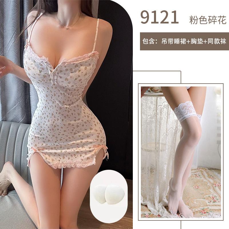 Sexy lingerie pure desire pink floral sexy sweet girl suspender deep V showing breasts