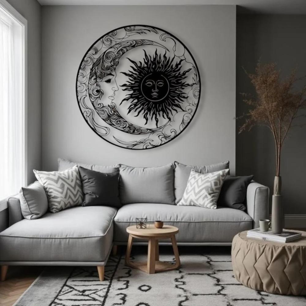 Metal Wall Art Sun and Moon Laser Cut Black Steel Home Decor Modern Design