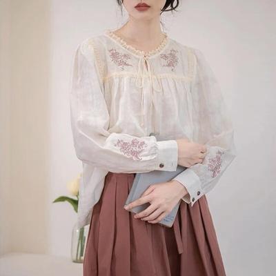 Camicette da donna con lacci ricamati vintage Mori, top casual, larghe, semplici, con volant, cravatta, autunno