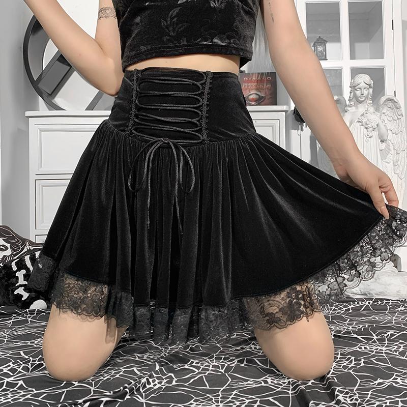 Gothic Vintage Black Lace Up Skirt Girl Croset Velvet Party Mini Skirts Streetwear