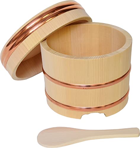 Kiso Kogei Kiso Sawara Edo-style Rice Container, 1.5-cup capacity, with mini ladle, natural finish