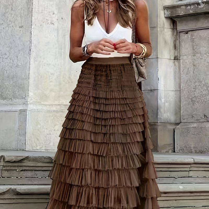 

Элегантная женская юбка с высокой талией в стиле бохо — прочная, удобная посадка с шикарным сетчатым слоем и контрастным кружевом, идеально подходит для весны/лета. L коричневый